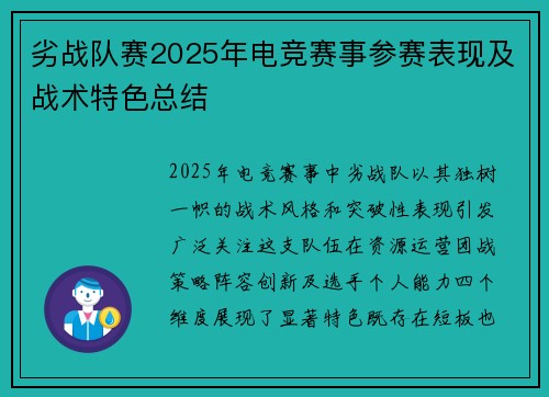 劣战队赛2025年电竞赛事参赛表现及战术特色总结