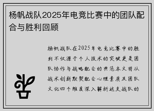 杨帆战队2025年电竞比赛中的团队配合与胜利回顾